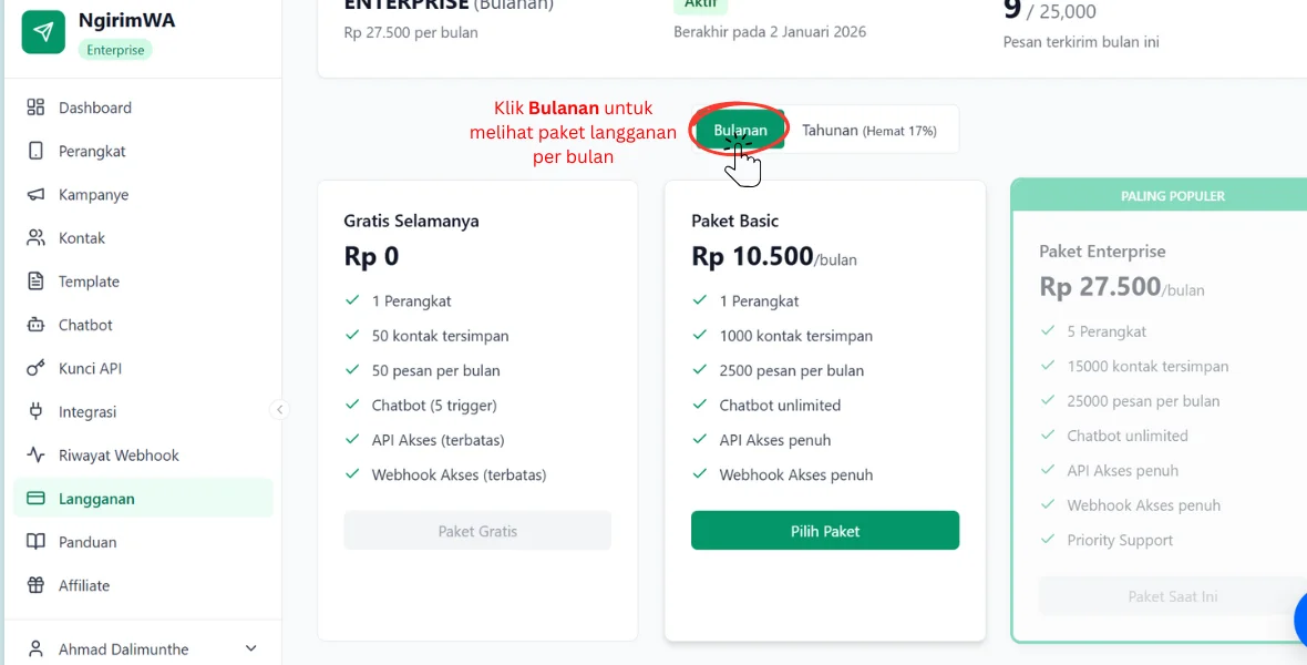 Paket Bulanan NgirimWA