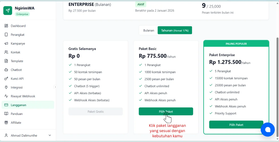 Pilih paket langganan ngirimwa