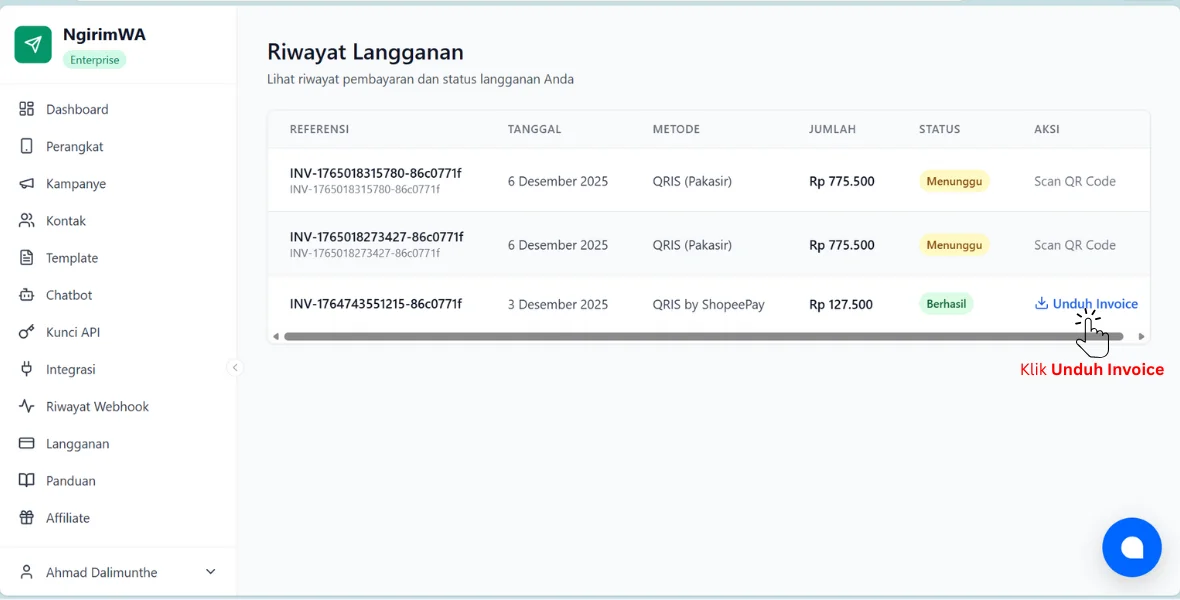 Unduh invoice langganan NgirimWA