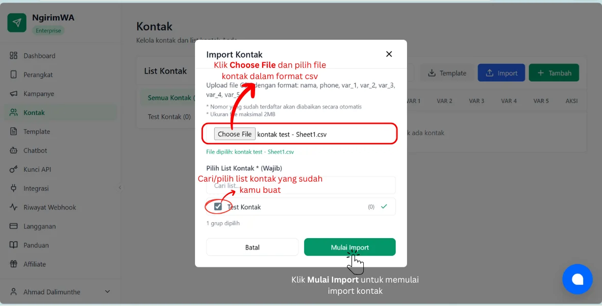 Pilih file kontak NgirimWA