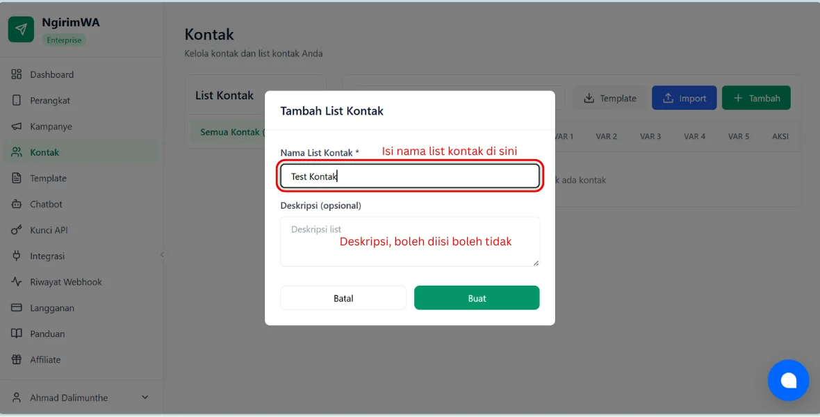 Nama list kontak NgirimWA