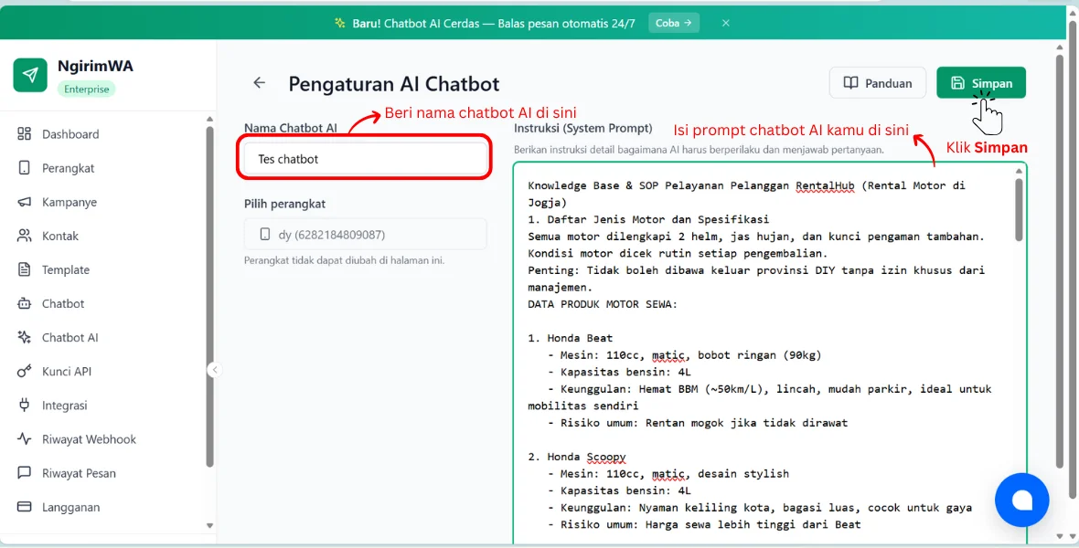 Pengaturan chatbot AI