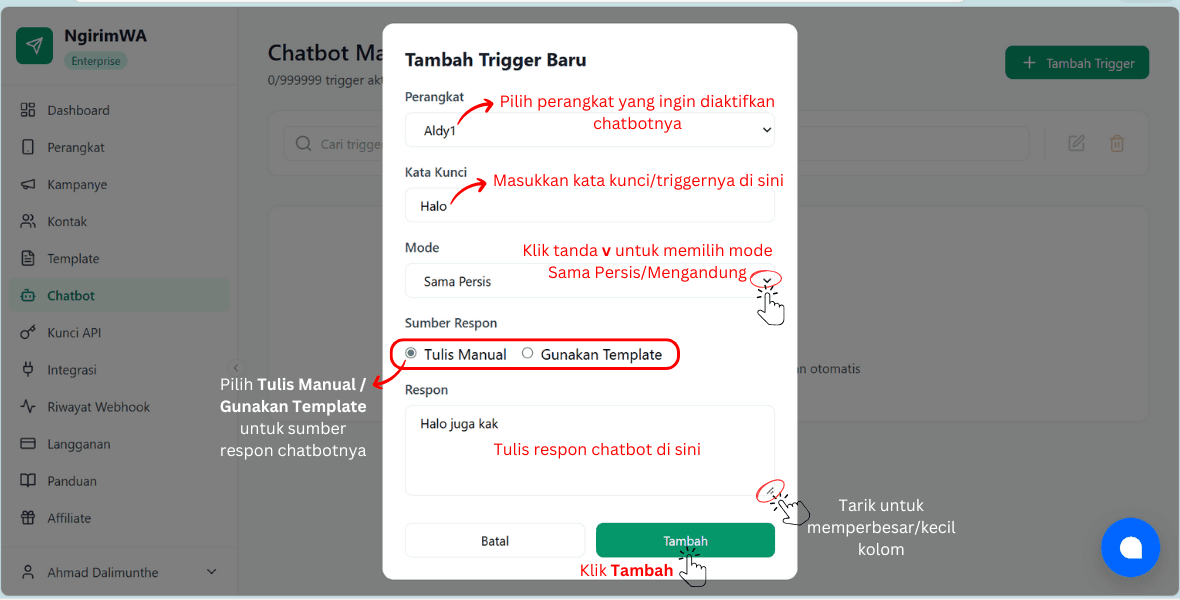 Trigger chatbot tulis manual NgirimWA