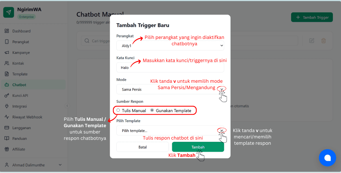 Trigger chatbot template NgirimWA