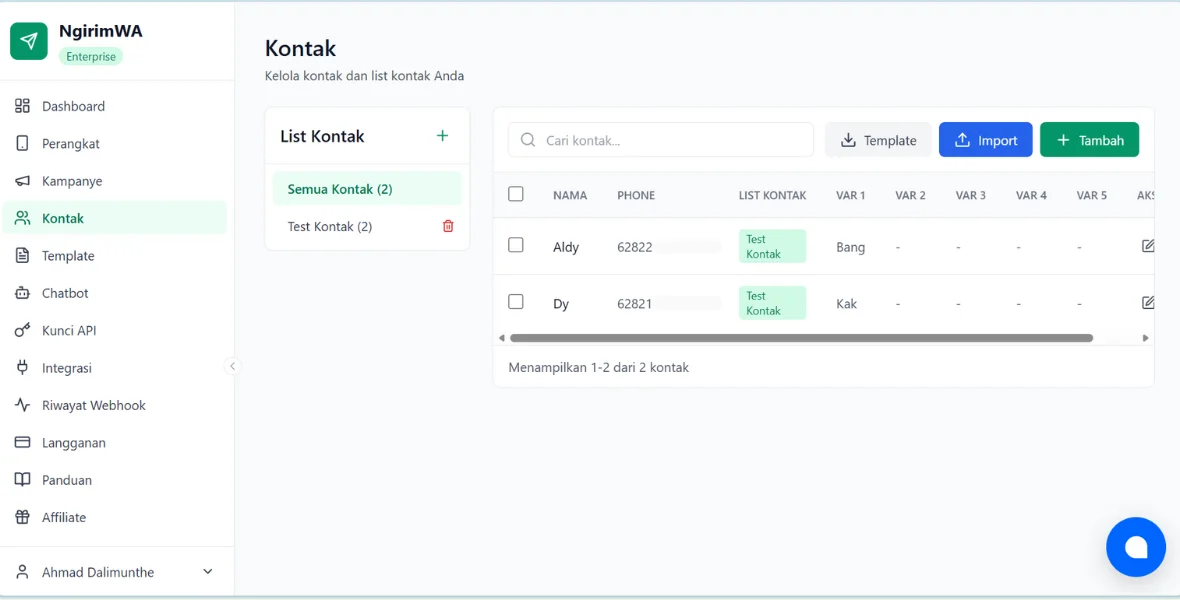 Tampilan kontak grup NgirimWA
