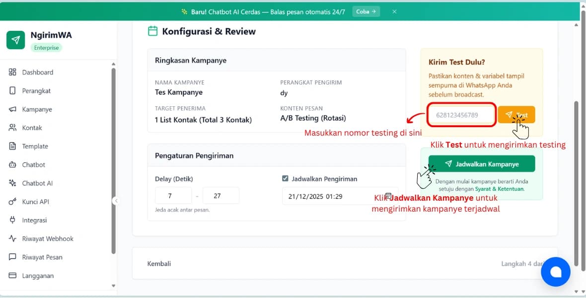 Test & jadwalkan kampanye