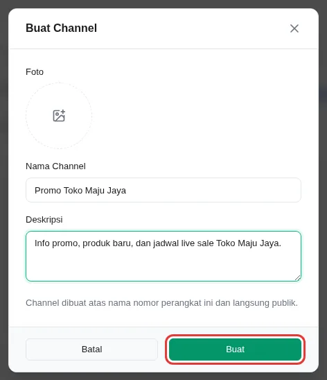 Pop-up Buat Channel berisi Foto, Nama Channel, Deskripsi, dan tombol Buat