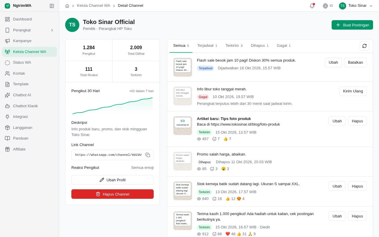 Halaman detail channel: ringkasan, grafik Pengikut 30 Hari, dan profil di kiri, daftar postingan bertab di kanan, tombol Buat Postingan di kanan atas