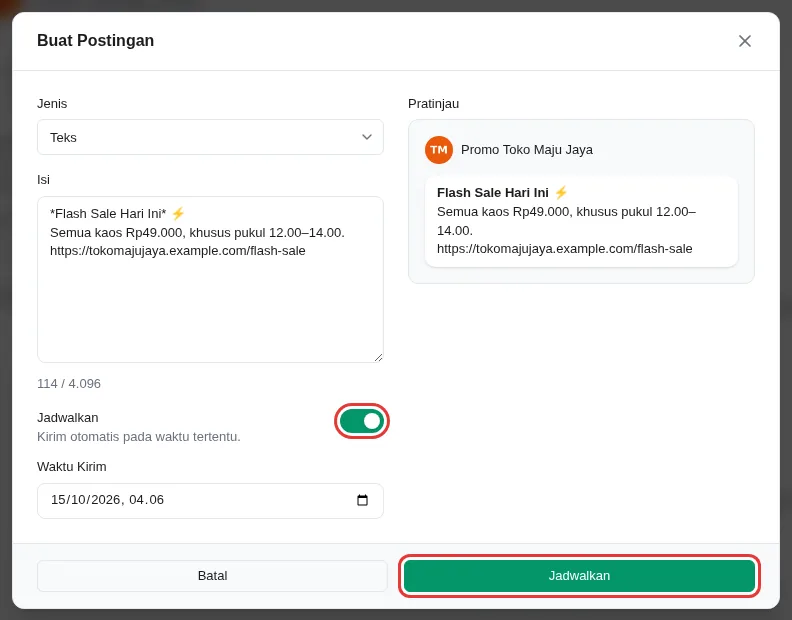 Pop-up Buat Postingan: isi teks, pratinjau, saklar Jadwalkan menyala, Waktu Kirim, dan tombol Jadwalkan