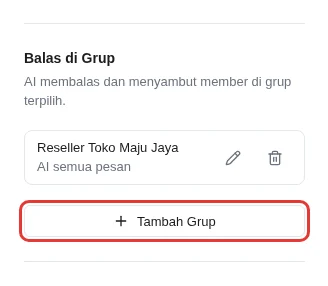 Kartu Balas di Grup di halaman Konfigurasi Chatbot AI dengan tombol Tambah Grup