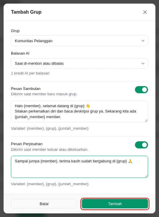 Pop-up Tambah Grup: pilihan grup, Balasan AI Saat di-mention atau dibalas, Pesan Sambutan dan Pesan Perpisahan aktif beserta isinya