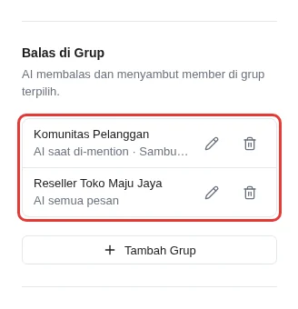 Daftar grup di kartu Balas di Grup dengan ringkasan mode AI dan sambutan, plus ikon ubah dan hapus