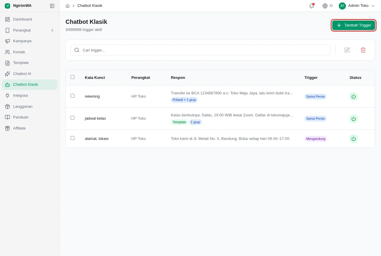 Halaman Chatbot Klasik berisi daftar trigger dan tombol Tambah Trigger