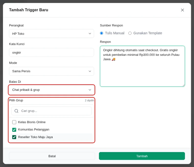 Pop-up trigger Chatbot Klasik dengan Balas Di Chat pribadi & grup dan pilihan grup yang dicentang
