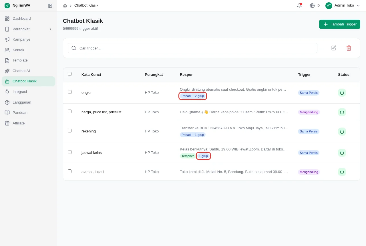 Daftar trigger Chatbot Klasik dengan label Pribadi + 2 grup dan 1 grup di kolom Respon