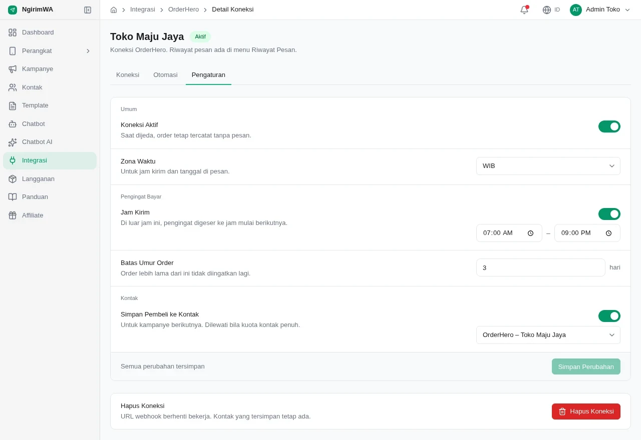 Tab Pengaturan koneksi OrderHero