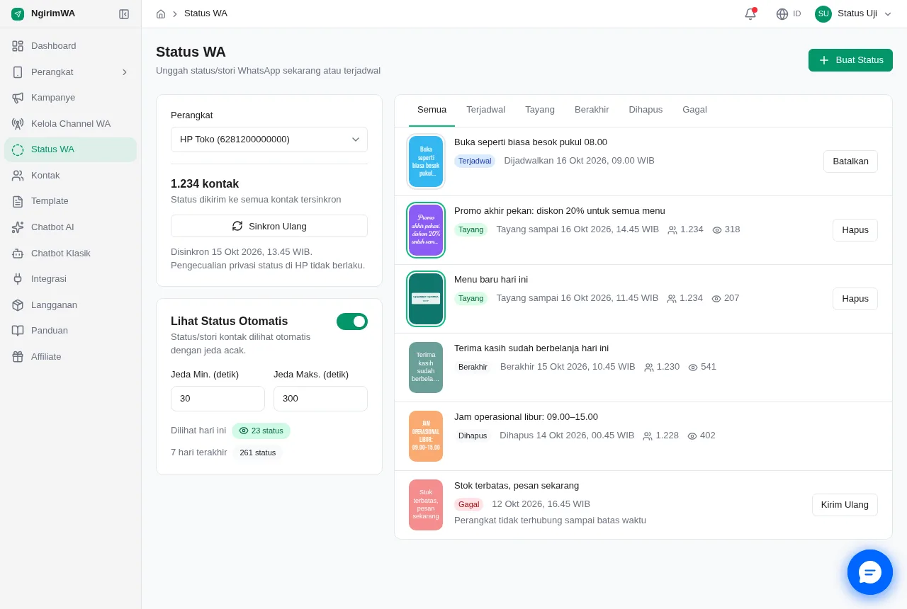Halaman Status WA: kartu Perangkat dengan jumlah kontak dan tombol Sinkron Ulang, kartu Lihat Status Otomatis, serta daftar status bertab di kanan