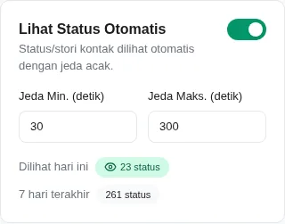 Kartu Lihat Status Otomatis: saklar menyala, Jeda Min. 30 dan Jeda Maks. 300 detik, hitungan dilihat hari ini dan 7 hari terakhir