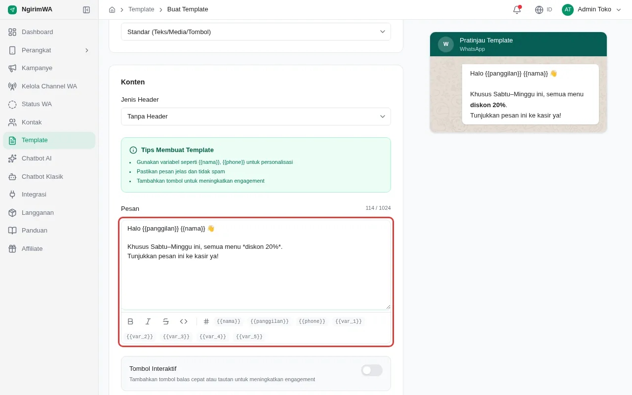 Bagian Konten: kolom Pesan berisi teks dengan variabel {{panggilan}} dan {{nama}}, toolbar format dan tombol variabel di bawahnya ditandai kotak merah; Pratinjau Template bergaya WhatsApp di kanan