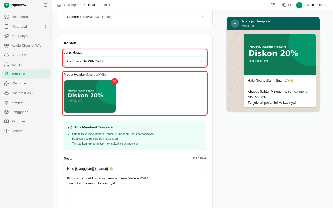 Jenis Header diisi Gambar - JPG/PNG/GIF dan Media Header berisi gambar promo, keduanya ditandai kotak merah; pratinjau menampilkan gambar di atas pesan