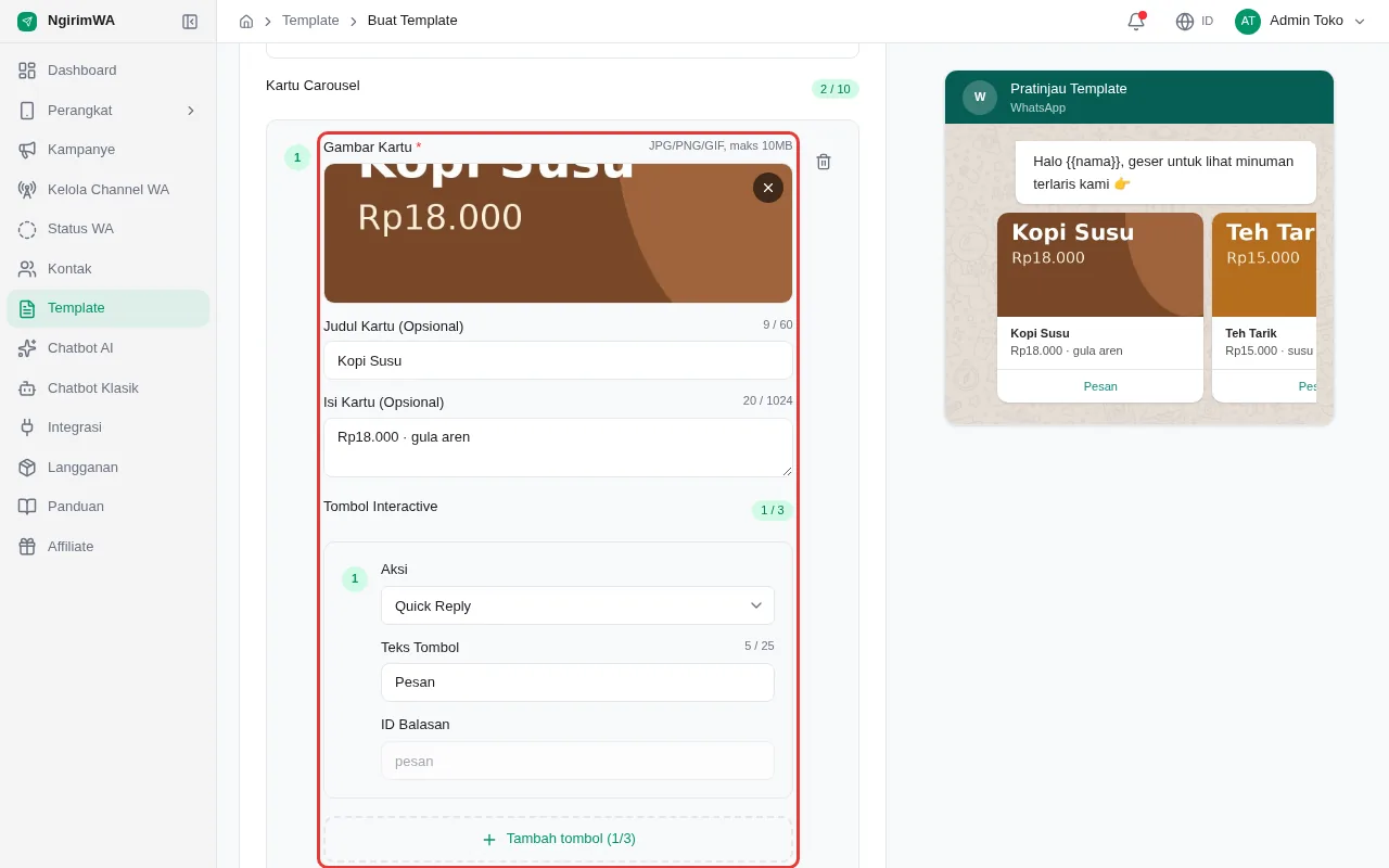 Mode Carousel: kartu 1 berisi Gambar Kartu, Judul Kartu Kopi Susu, Isi Kartu, dan tombol Pesan (ditandai kotak merah); pratinjau menampilkan pesan pembuka dan dua kartu Kopi Susu dan Teh Tarik yang bisa digeser