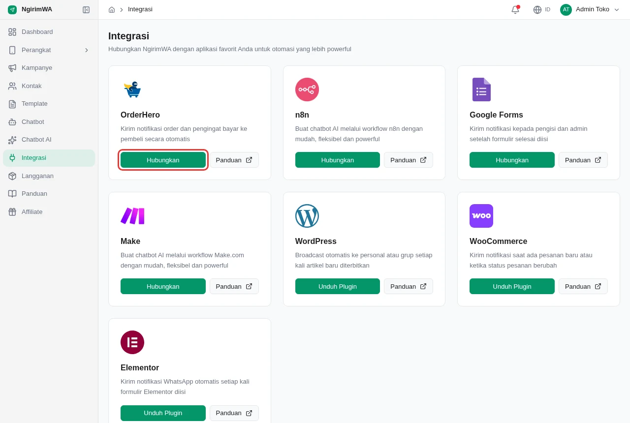 Kartu OrderHero di menu Integrasi NgirimWA dengan tombol Hubungkan