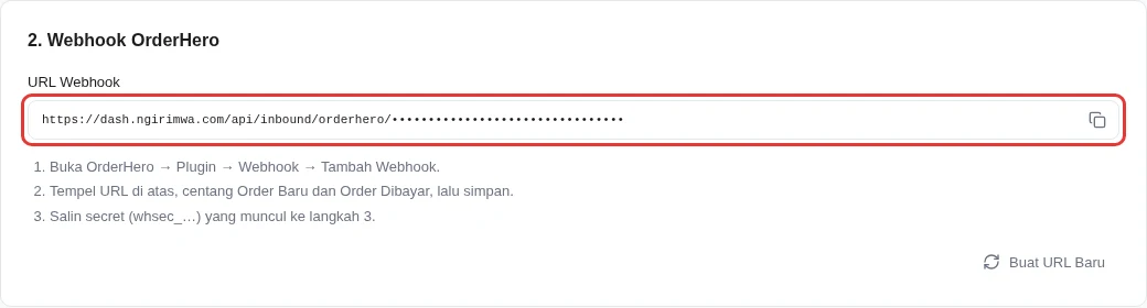 Kolom URL Webhook dengan ikon salin di ujung kanan