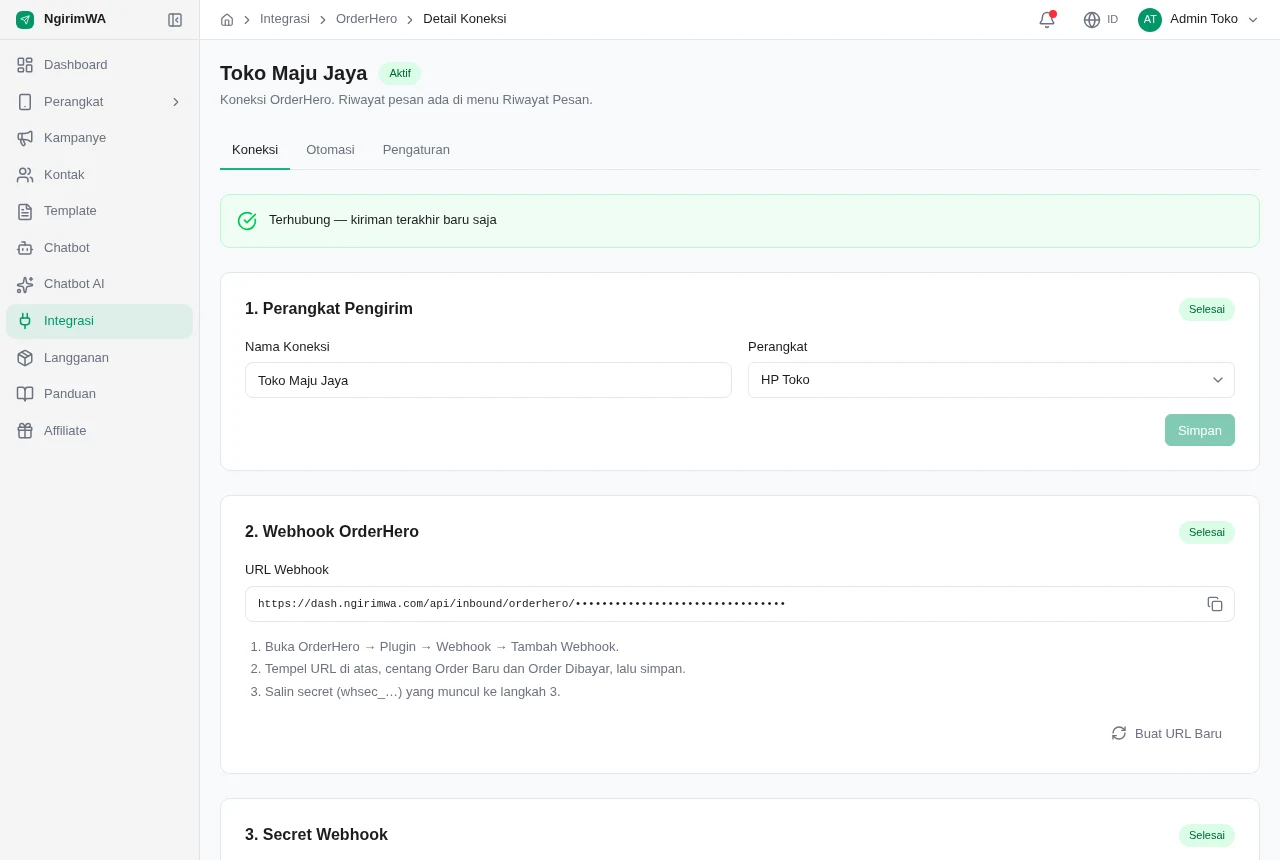 Tab Koneksi menampilkan status Terhubung dan kiriman terakhir