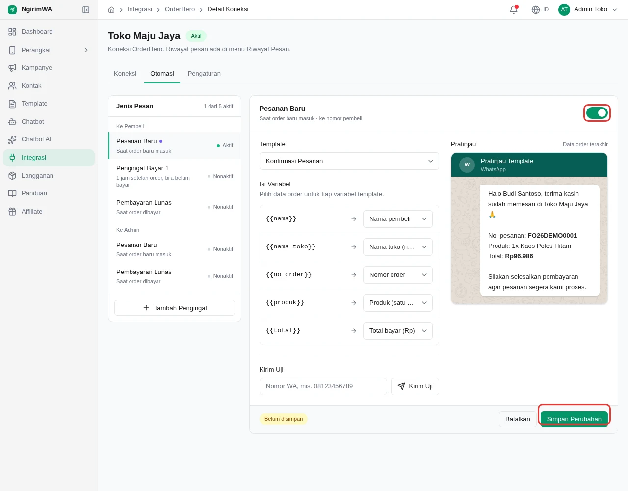 Editor Pesanan Baru: pilihan template, isi variabel, pratinjau WhatsApp, saklar aktif dan tombol Simpan Perubahan