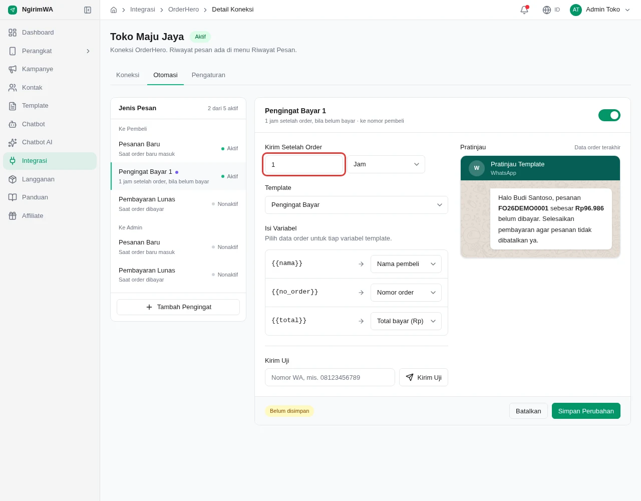 Editor Pengingat Bayar 1 dengan kolom Kirim Setelah Order