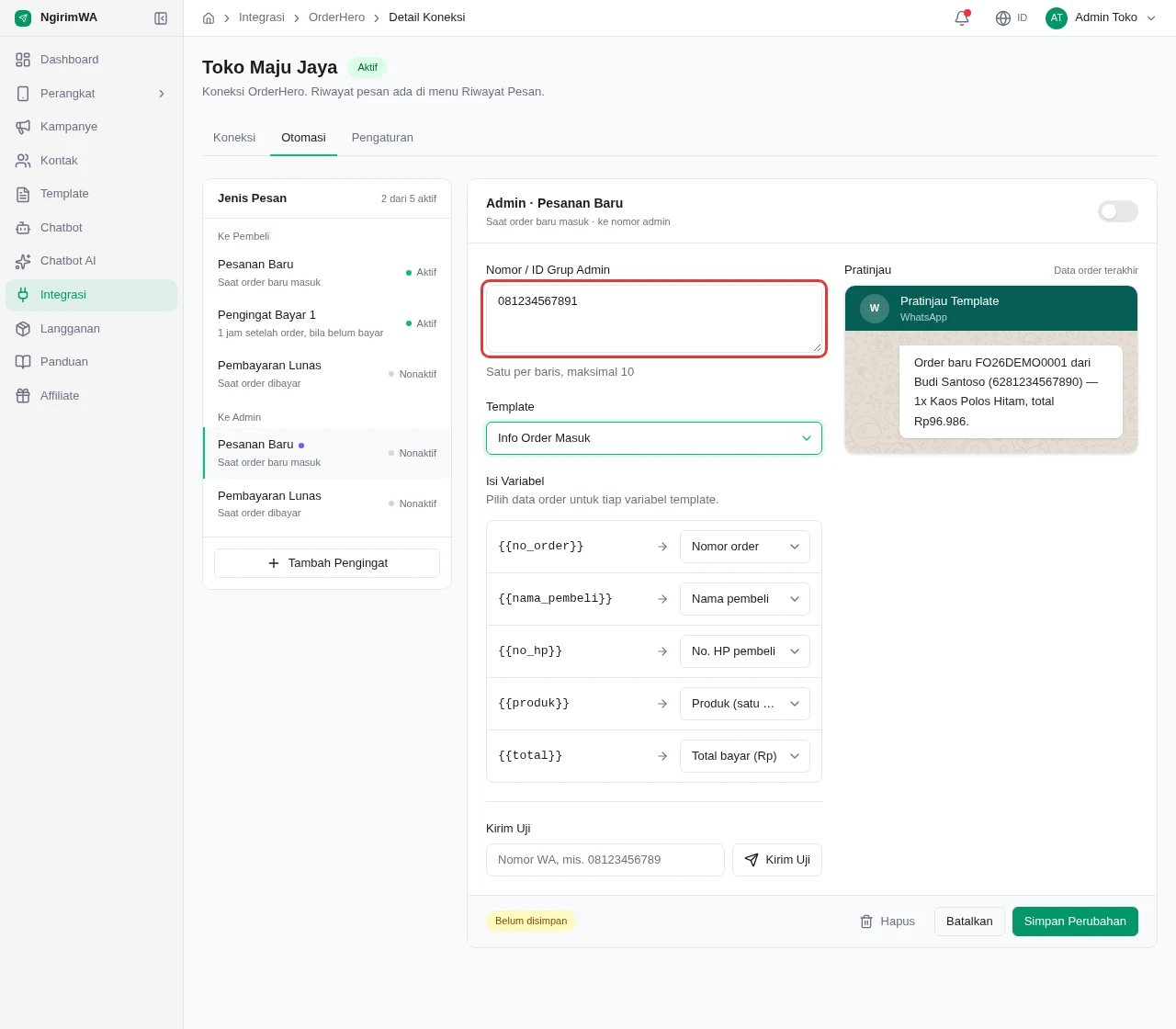 Editor notifikasi admin dengan kolom Nomor / ID Grup Admin