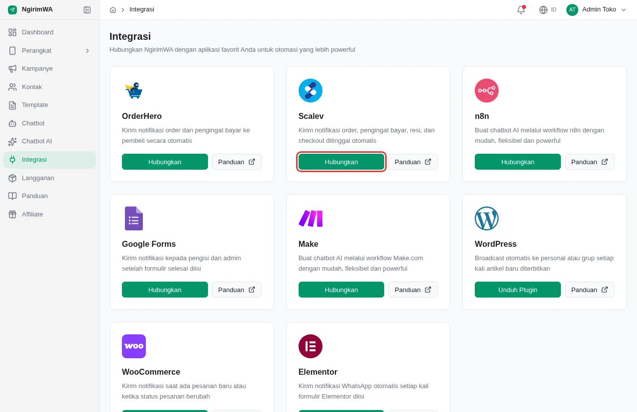 Kartu Scalev di menu Integrasi NgirimWA dengan tombol Hubungkan