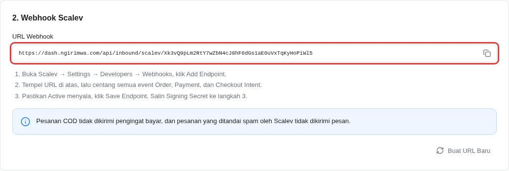 Kolom URL Webhook Scalev dengan ikon salin di ujung kanan