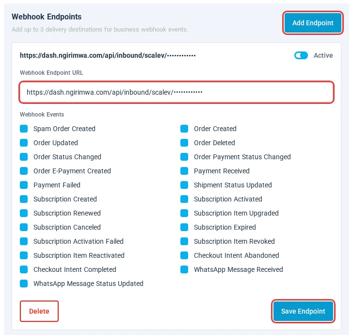 Webhook Endpoints di Scalev: tombol Add Endpoint, kolom Webhook Endpoint URL, daftar Webhook Events, dan tombol Save Endpoint