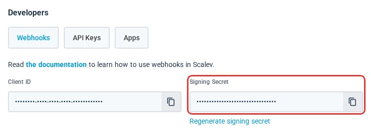 Kolom Client ID dan Signing Secret di Scalev, Signing Secret disorot