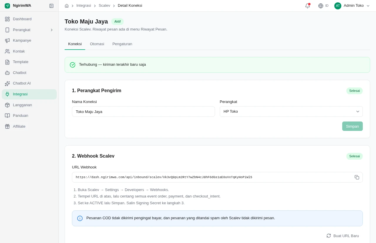 Tab Koneksi Scalev menampilkan status Terhubung dan kiriman terakhir