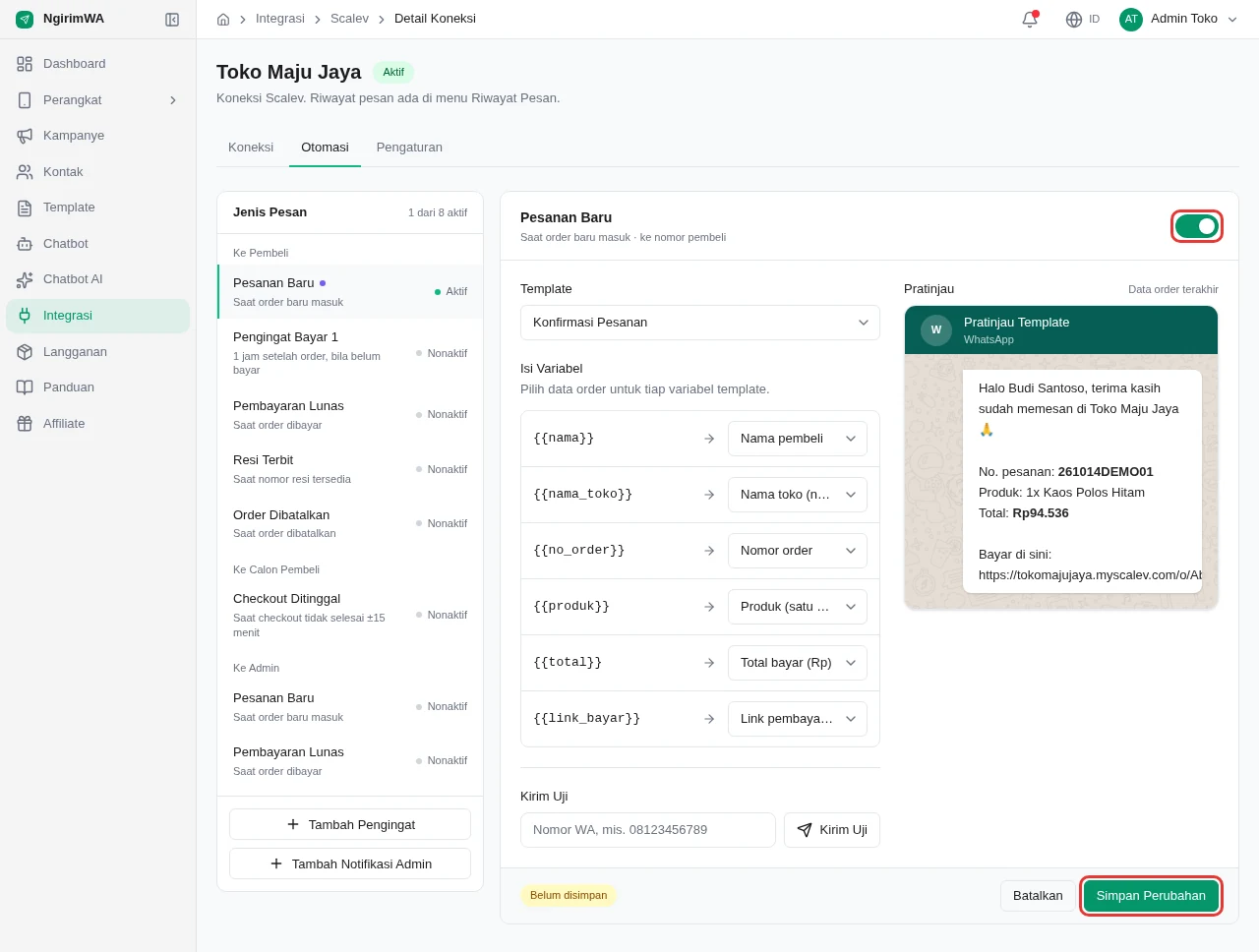 Editor Pesanan Baru: pilihan template, isi variabel termasuk link bayar, pratinjau WhatsApp, saklar aktif dan tombol Simpan Perubahan