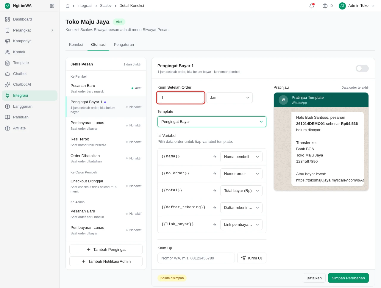 Editor Pengingat Bayar 1 dengan kolom Kirim Setelah Order dan pratinjau berisi daftar rekening serta link bayar