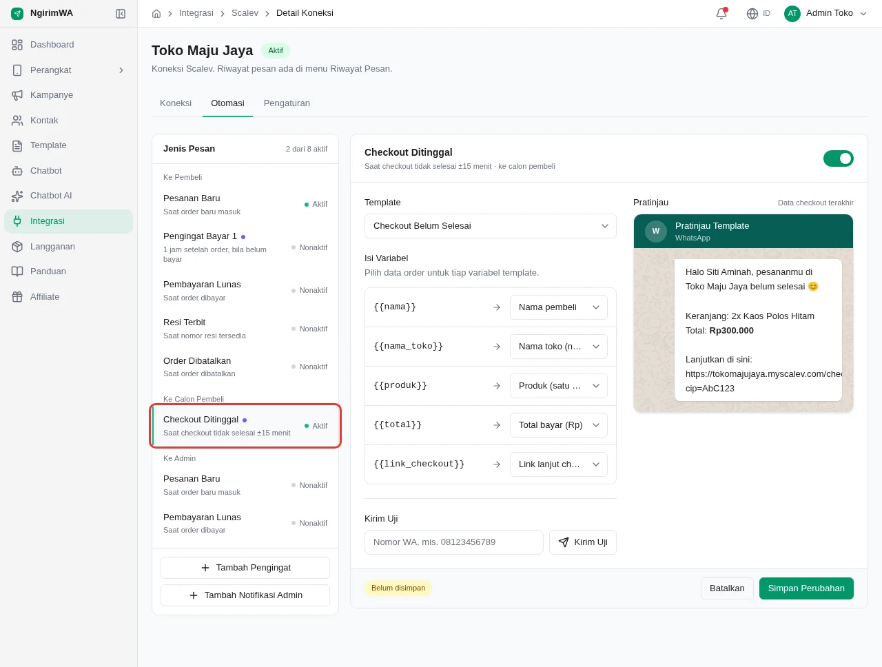 Editor Checkout Ditinggal dengan pratinjau berisi link lanjut checkout