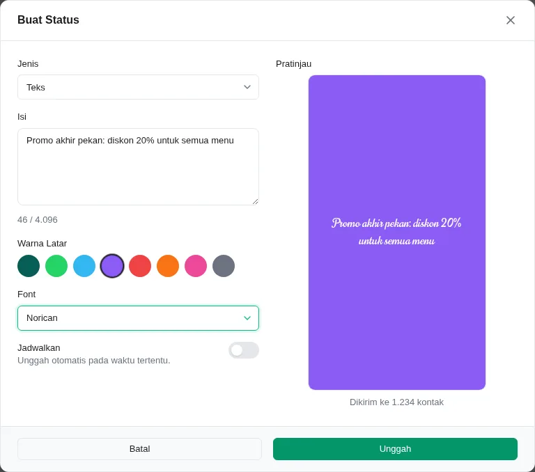 Pop-up Buat Status: Jenis Teks, isi status, pilihan Warna Latar dan Font, saklar Jadwalkan, dan pratinjau status di kanan